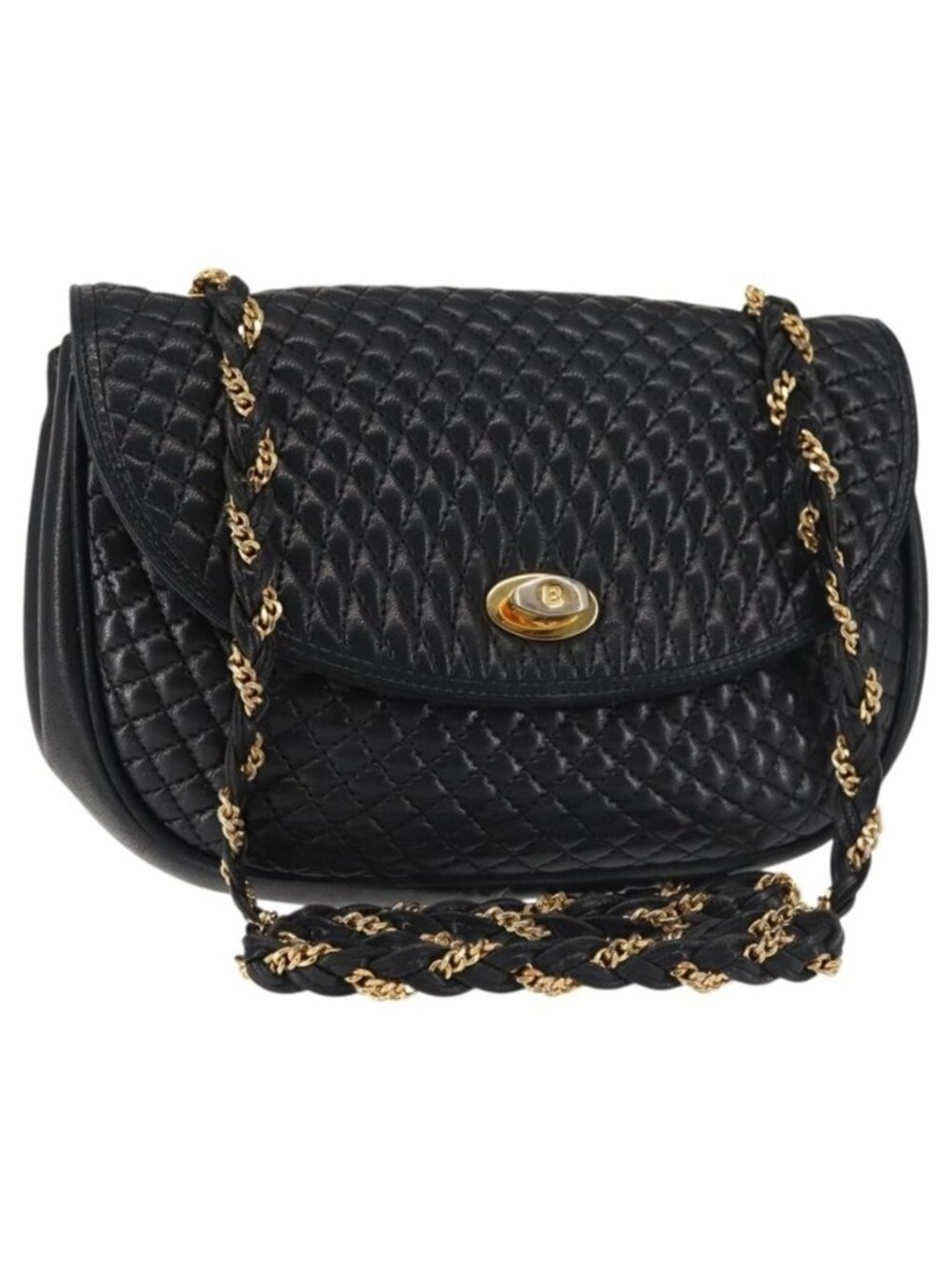 Authentic BALLY Chain Shoulder Bag Leather Black Gold